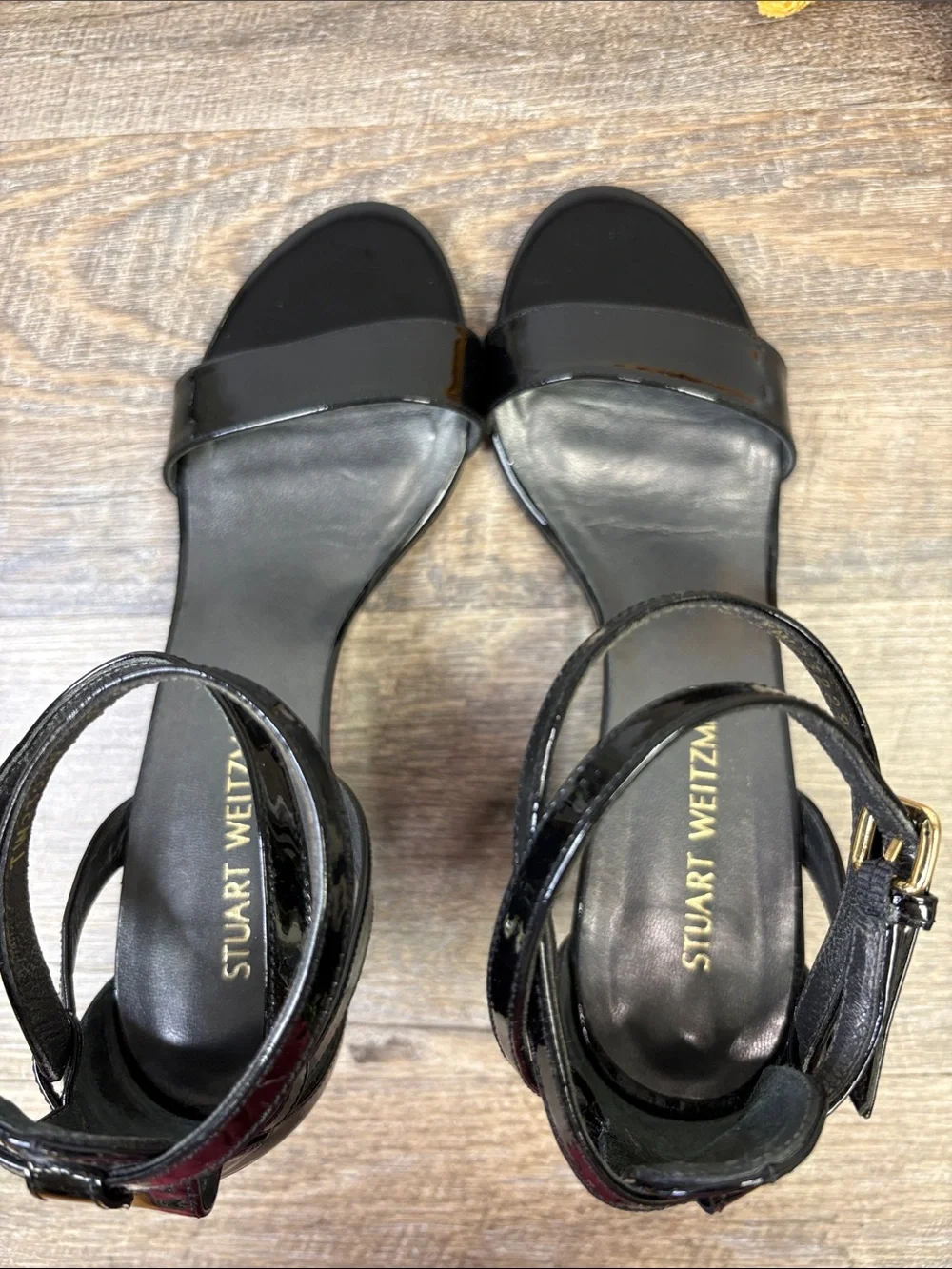 Stuart Weitzman Black Patent Leather Ankle Strap Wedge Sandals Size 9.5